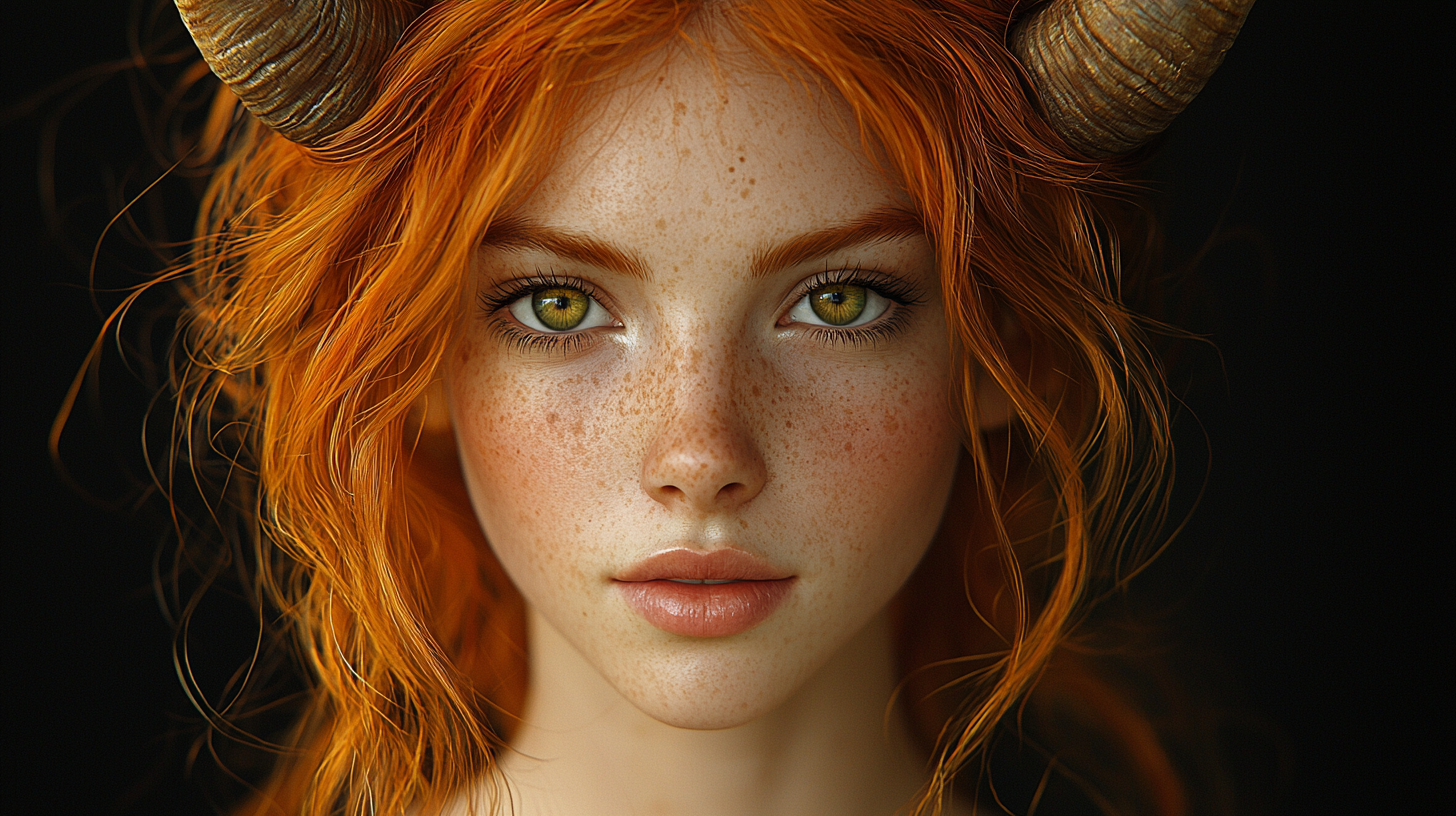 Ultra-realistic portrait of female with ginger hair and goat features.