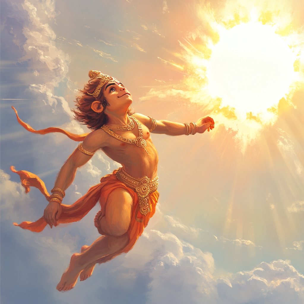 Ultra-realistic side-angle image: Young Hanumanji flying superheroically towards sun.