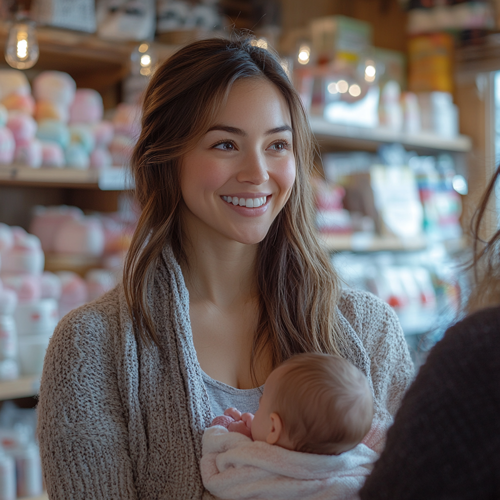 Ultrarealistic photo of caring brand representative helping mother.