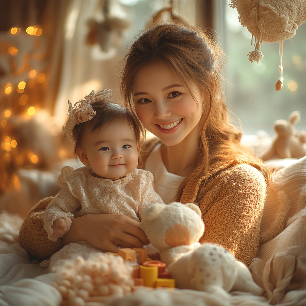 Ultrarealistic photo of loving mother and baby playing happily.