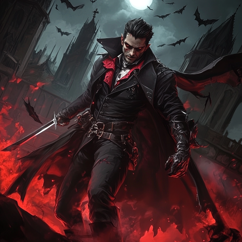 Um vampiro caçador com espada demoníaca em chamas.