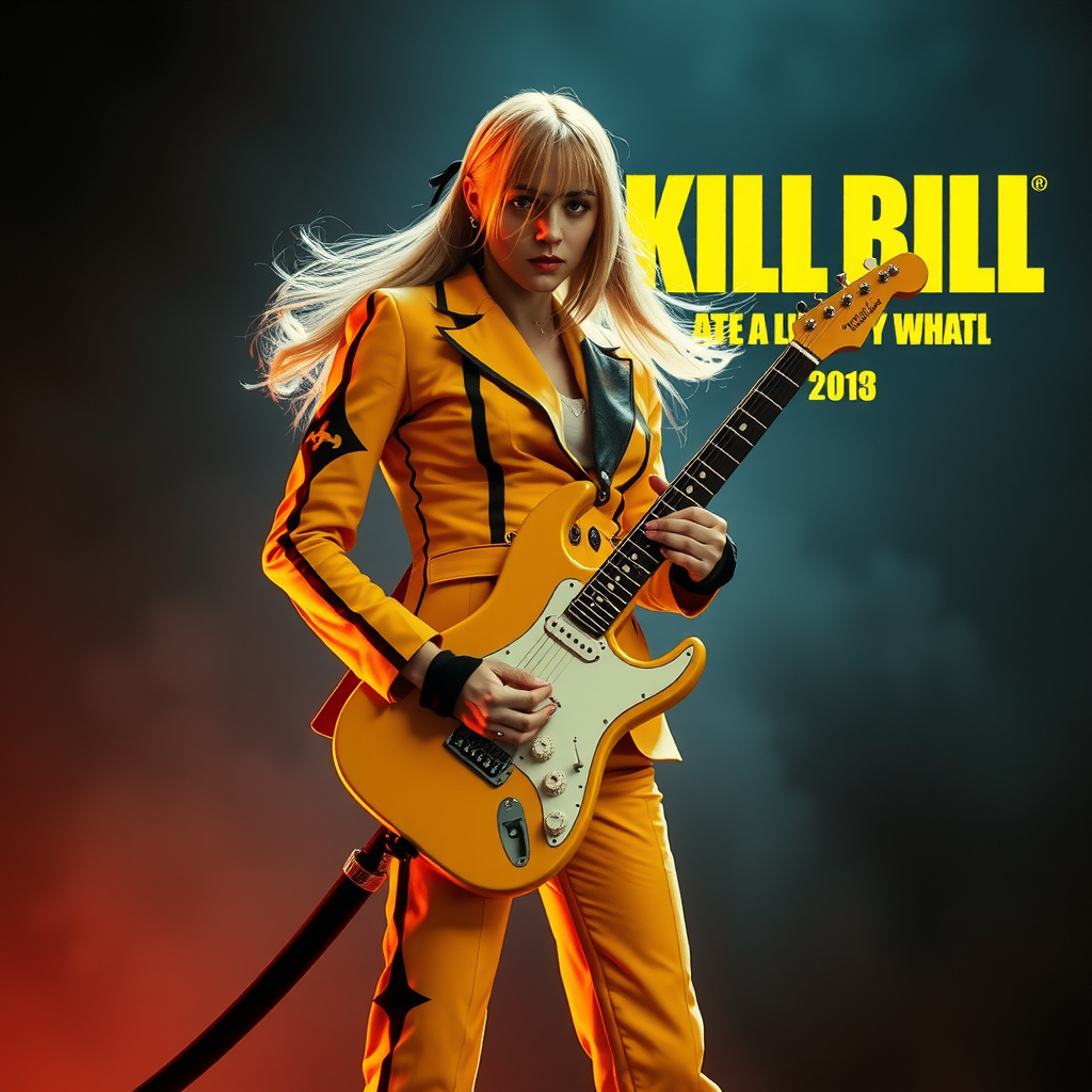 Uma Thurman in yellow suit with sword and guitar