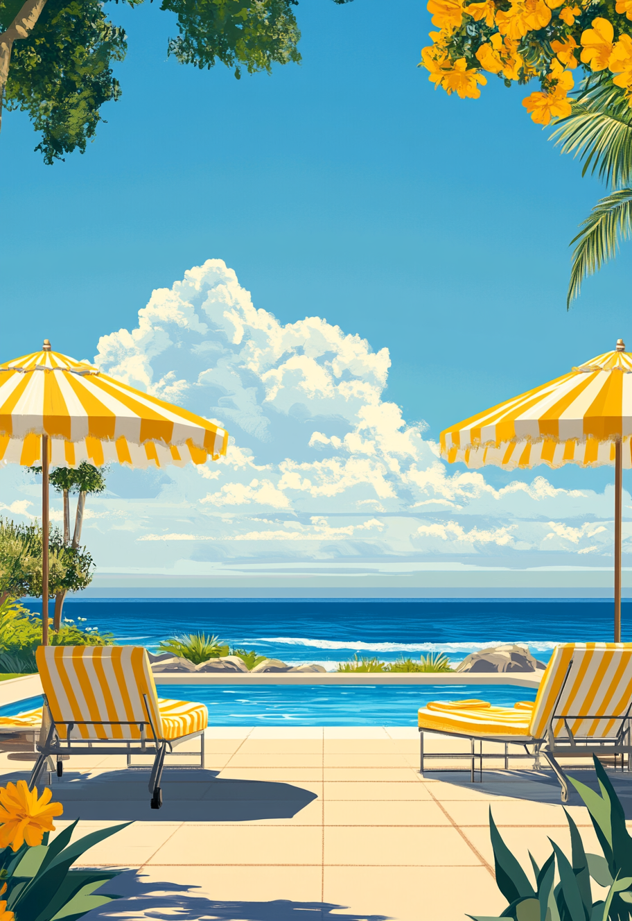 Umbrellas, sun loungers by poolside with ocean view.