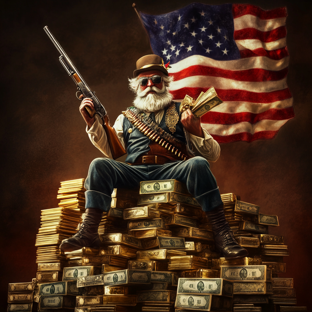 Uncle Sam defending wealth, flag in background