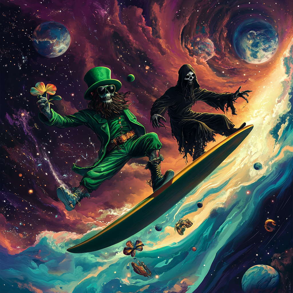 Undead Leprechaun and Grim Reaper Surf Cosmic Nebula