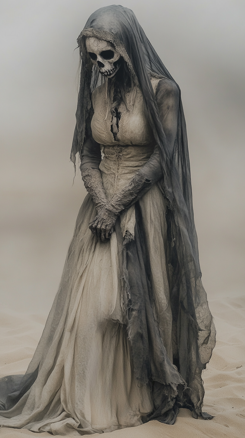 Undead desert witch in grey sand dunes, horror fantasy.