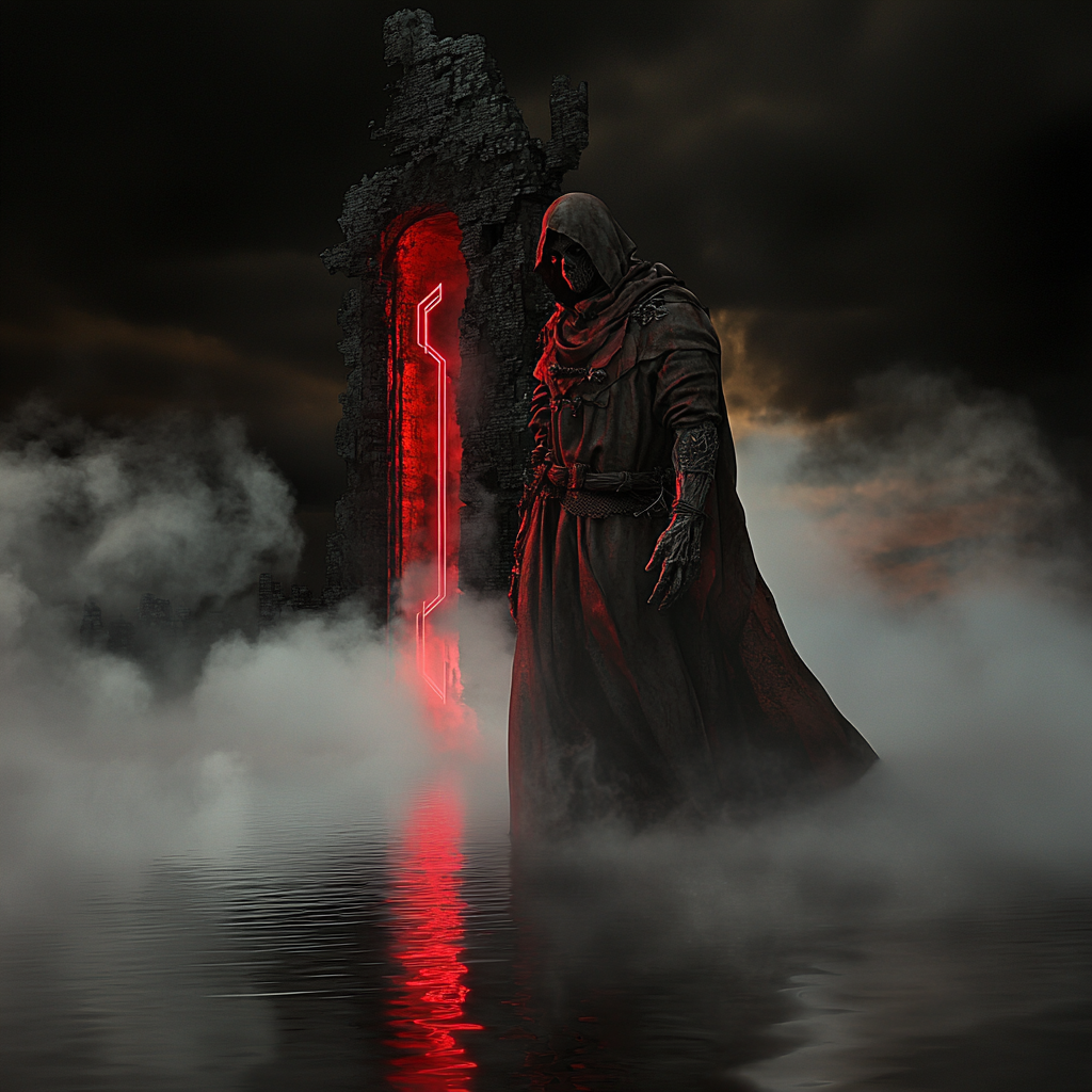 Undead knight in horror fantasy, misty lake, red portal.