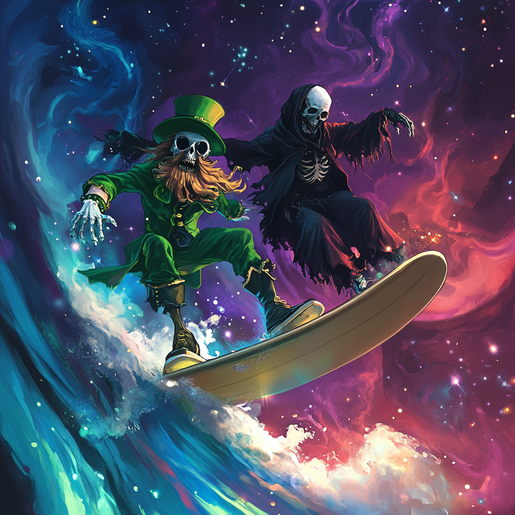 Undead leprechaun and grim reaper surf cosmos, nebula.