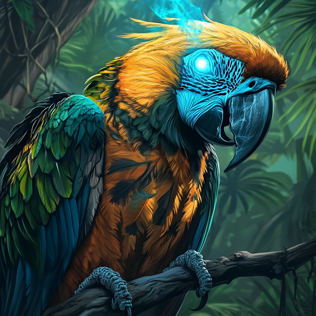 Undead macaw parrot with glowing blue light.