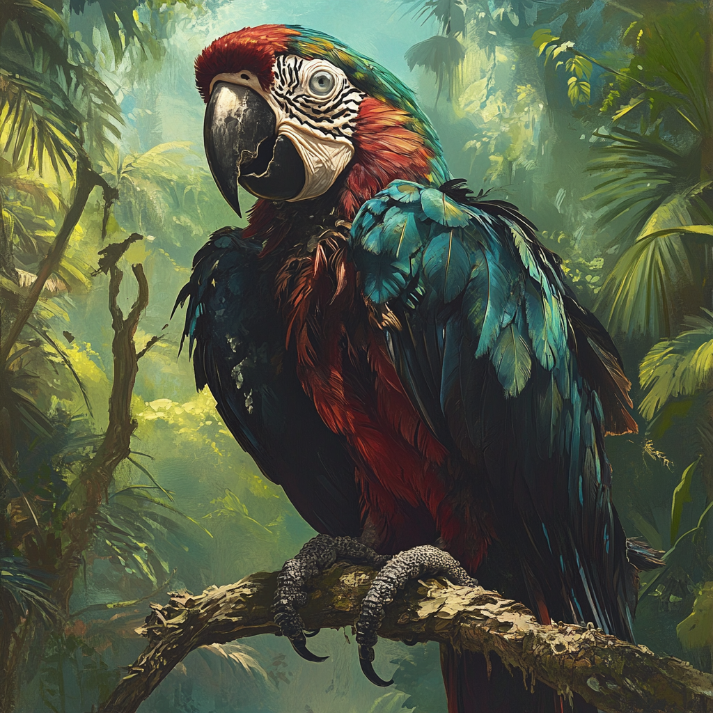 Undead macaw with visible skull perched on branch.