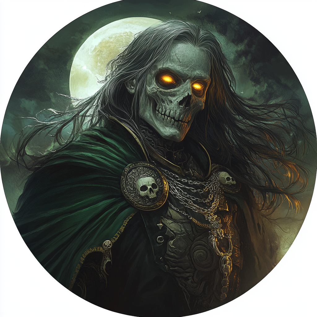 Undead necromancer with glowing eyes and green cloak.