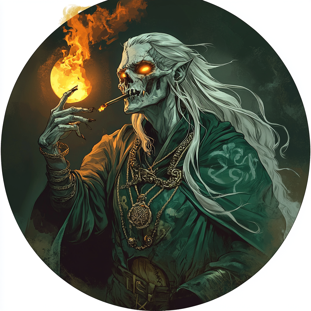 Undead necromancer with glowing eyes lights cigarette at night.