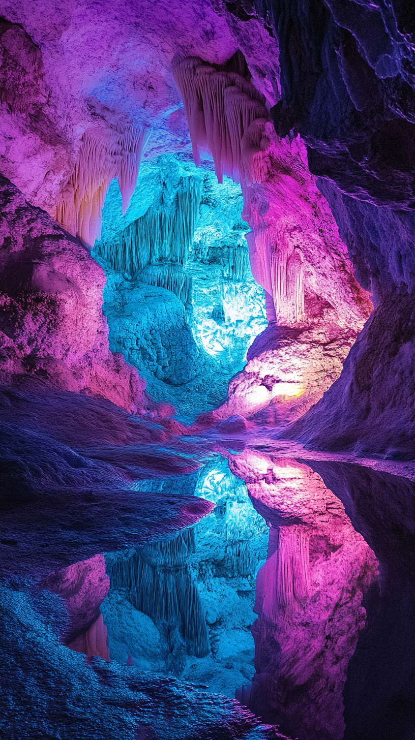 Underground cavern with radiant crystals emitting soft colored glow.