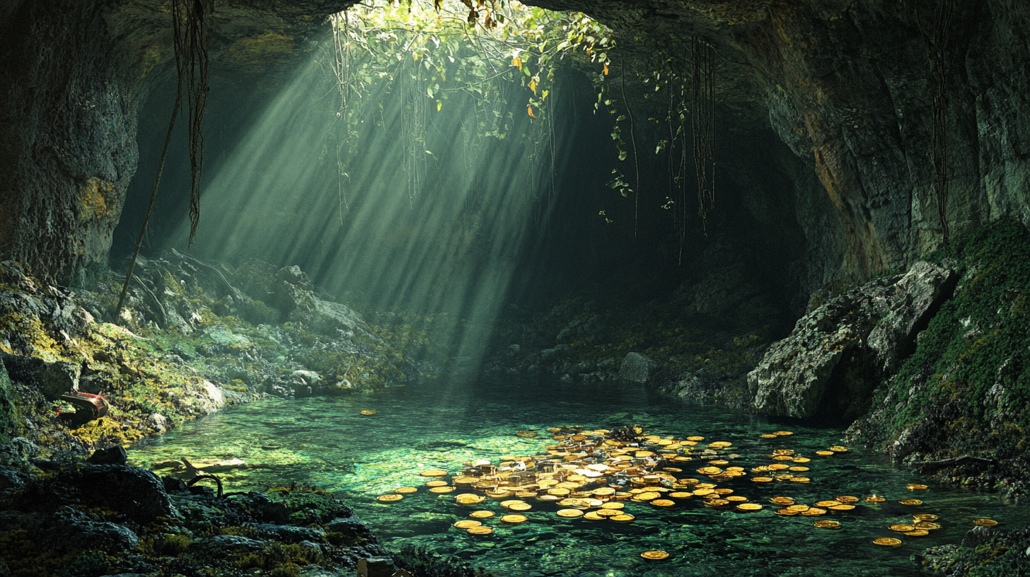 Underground lake with bushes, trees, gold coins, equipment.