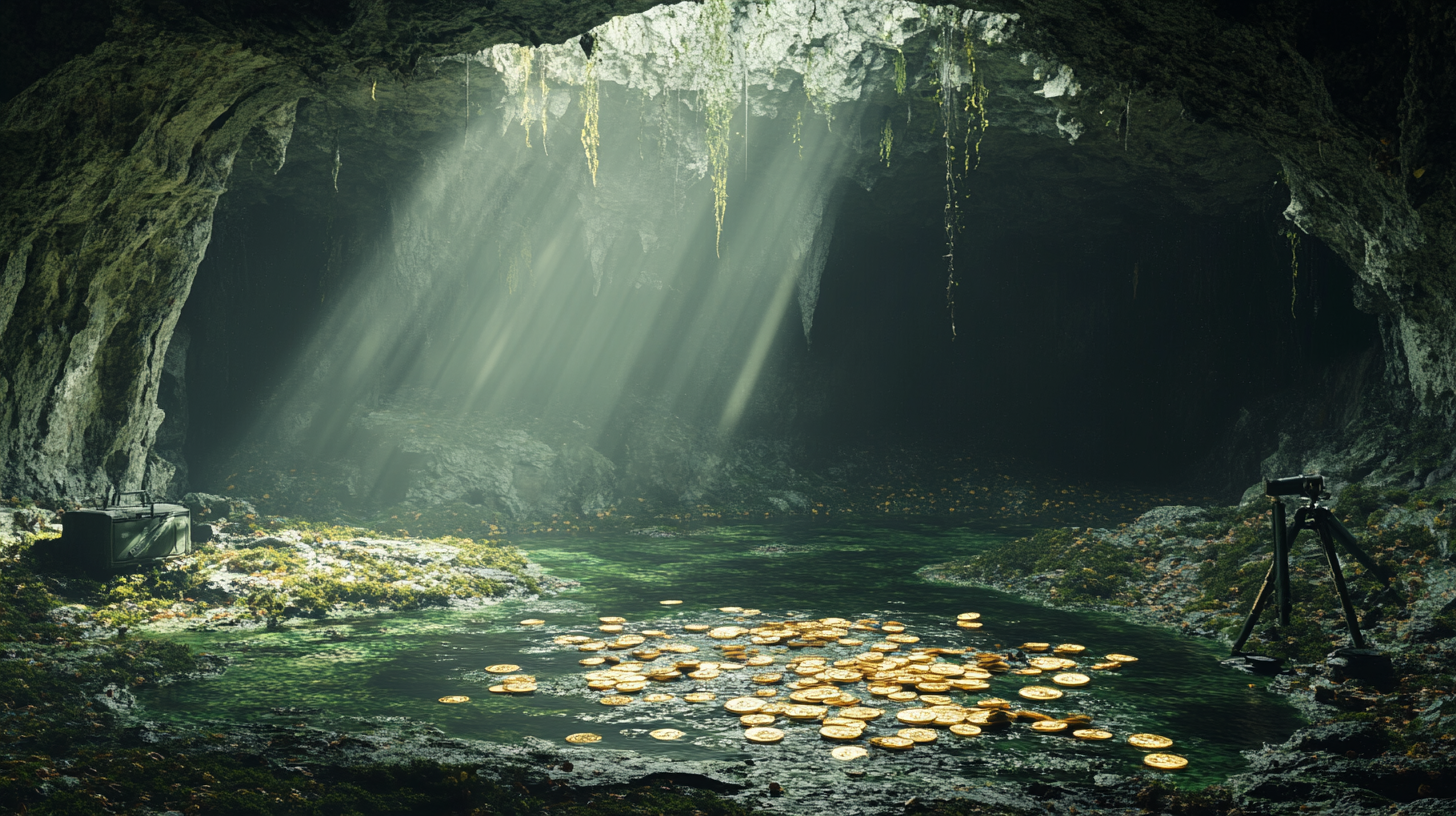 Underground lake with gold coins and trees, mossy environment.