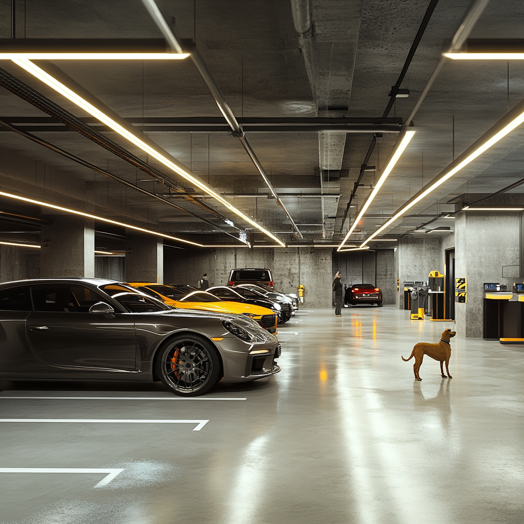 Underground parking with clean, modern design, happy man, dog.