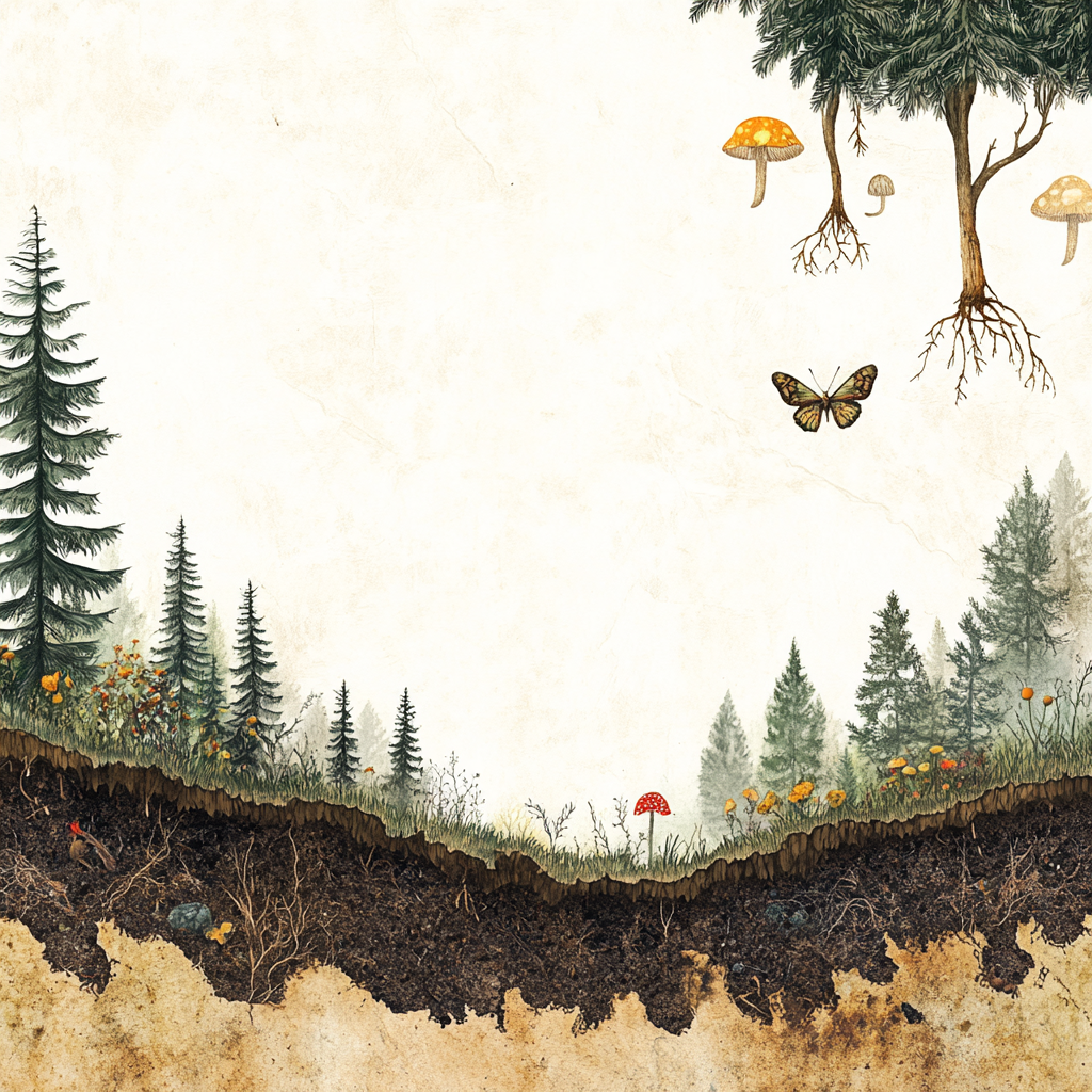 Underground soil profile with roots, microbes, and mycelium