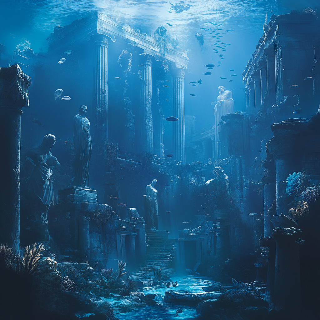 Underwater Atlantis cityscape with Greek ruins, coral-covered statues