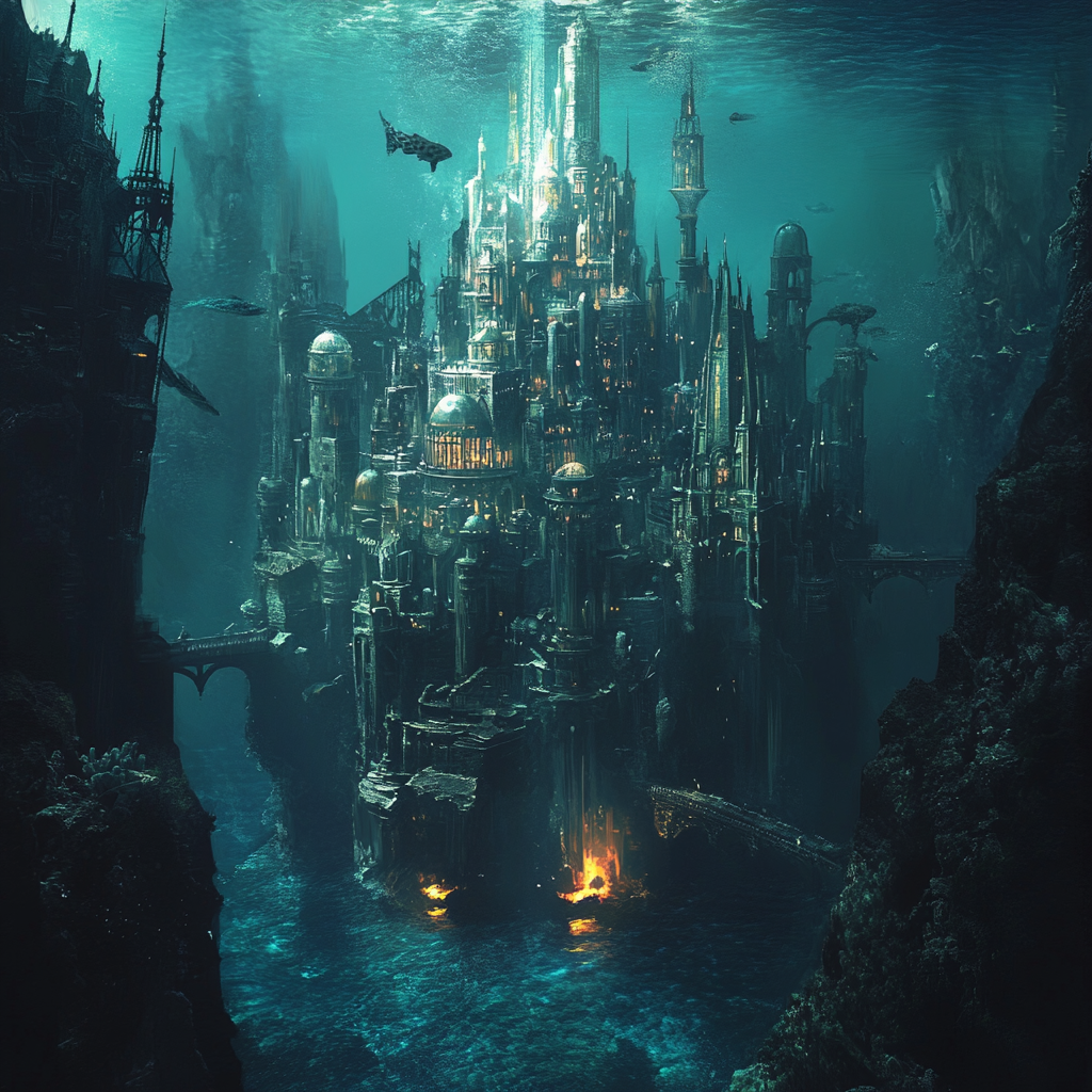 Underwater glass city with coral castle, lit by volcanoes.