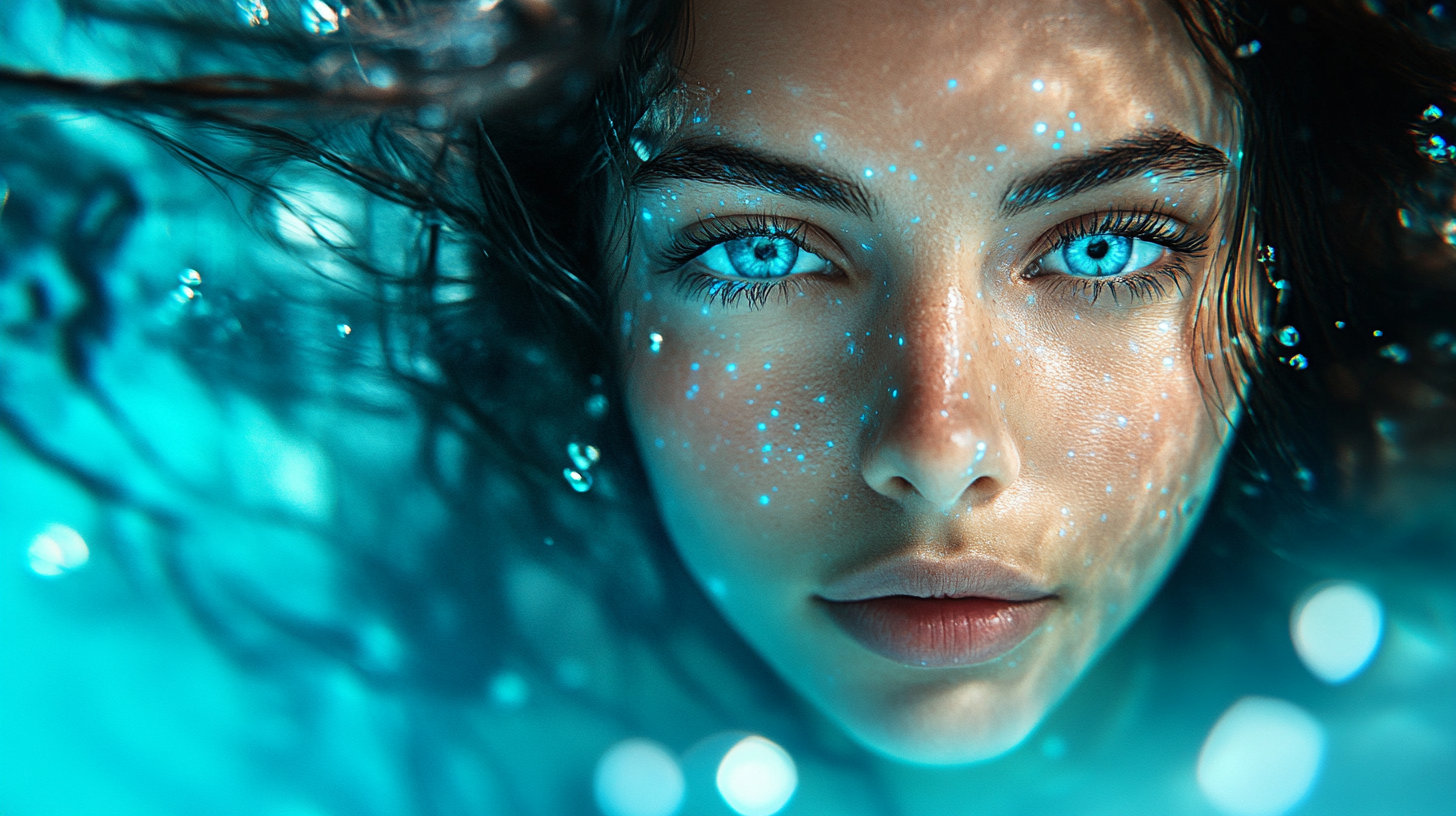 Underwater photo of stunning woman with glowing skin.