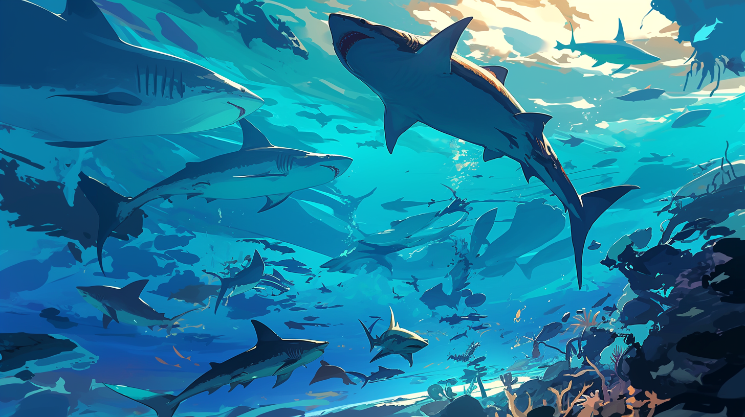 Underwater scene with fish and sharks, blue shades