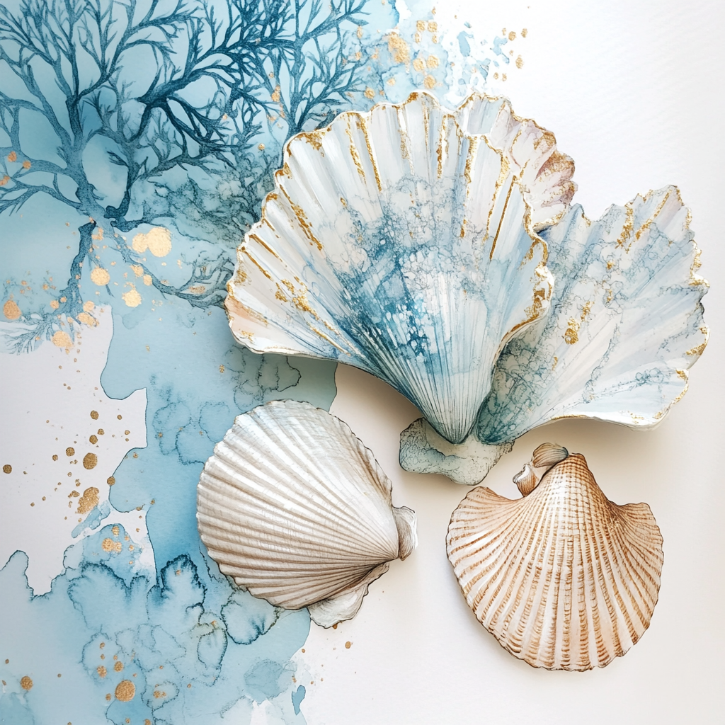 Underwater treasures in soft blue watercolor sketch