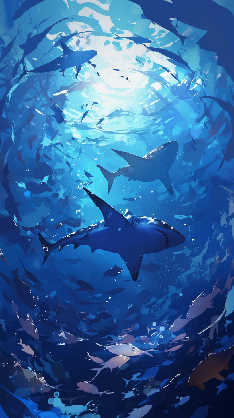 Underwater world with fishes and sharks in blues