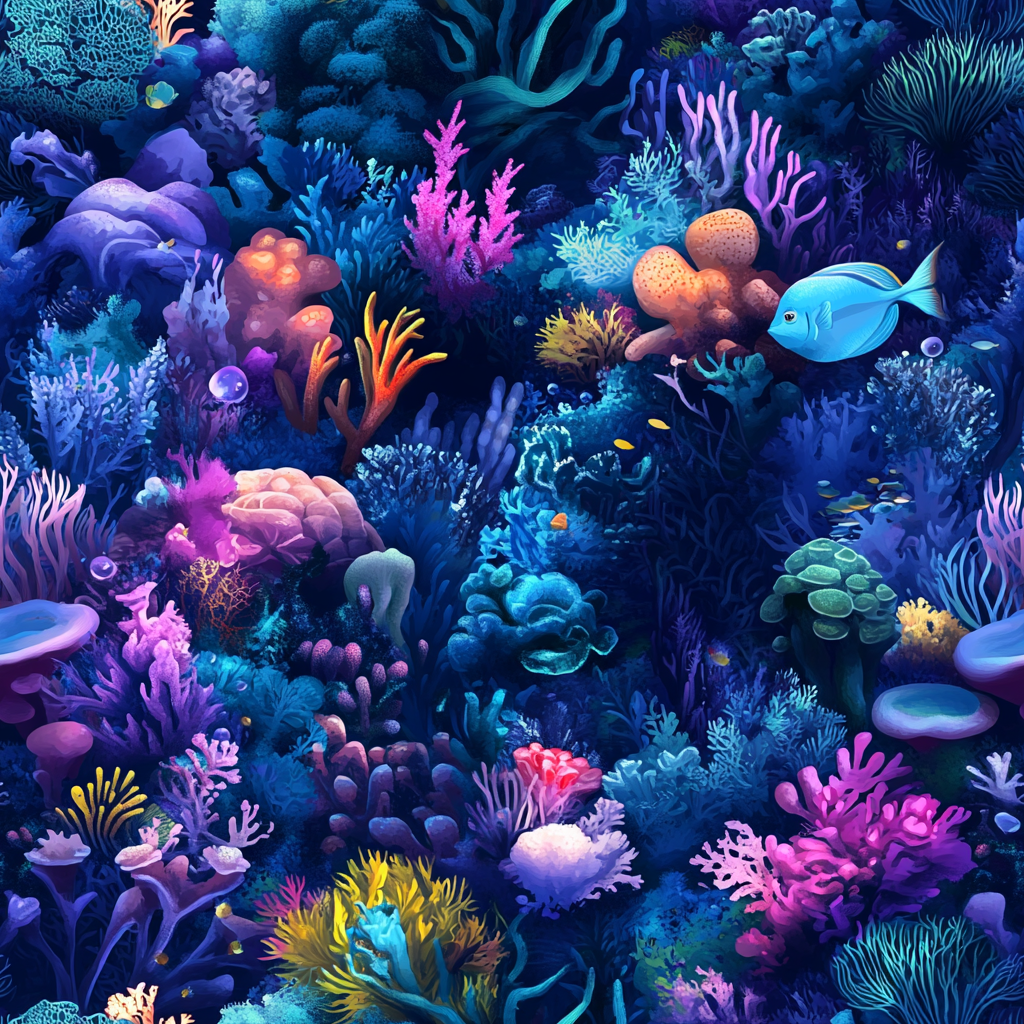 Underwater world with oceanic shades in seamless colorful patterns.