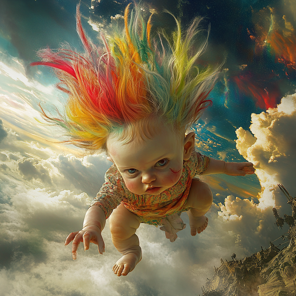 Unique angelic baby with colorful hair and frightening pose.