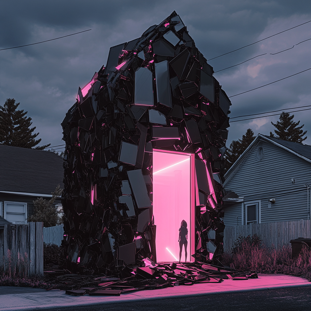 Unique black glass house in neighborhood, neon pink light.