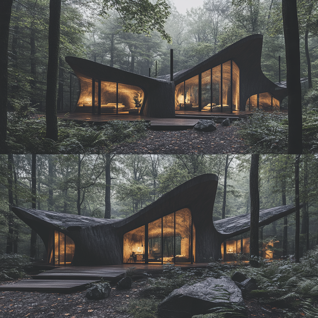 Unique forest cabin with fog, split level, courtyard