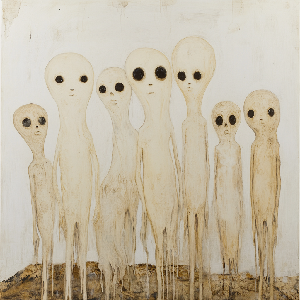 Unique white oil painting of boneless beings with milky colors.