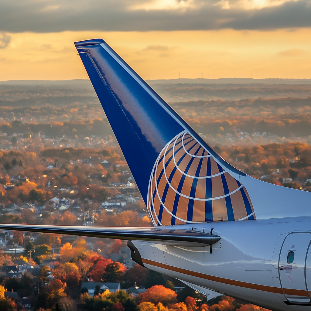 United Airlines airplane flying above Ridgefield, Connecticut in sunlight.