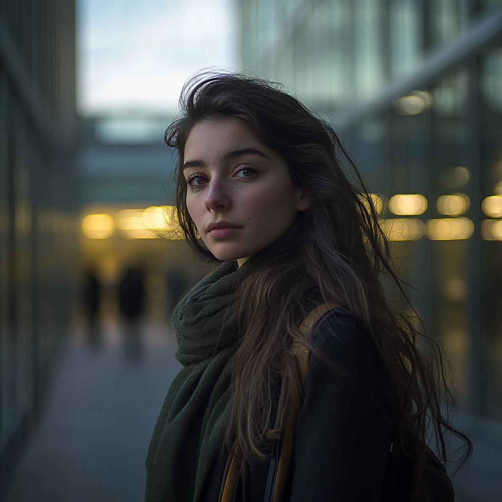 University Woman in Dramatic Campus Photoshoot Portrait