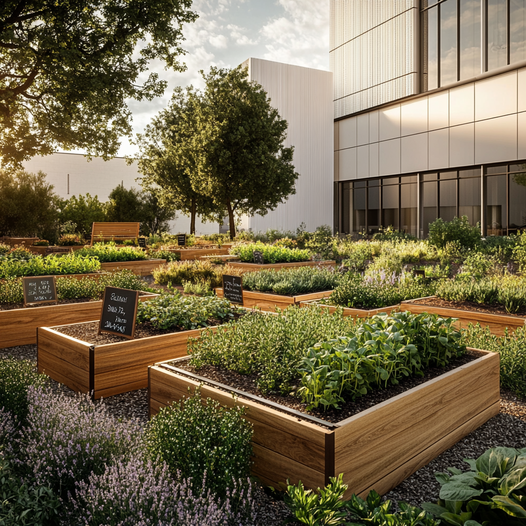 University herb garden corner with labeled plants and benches