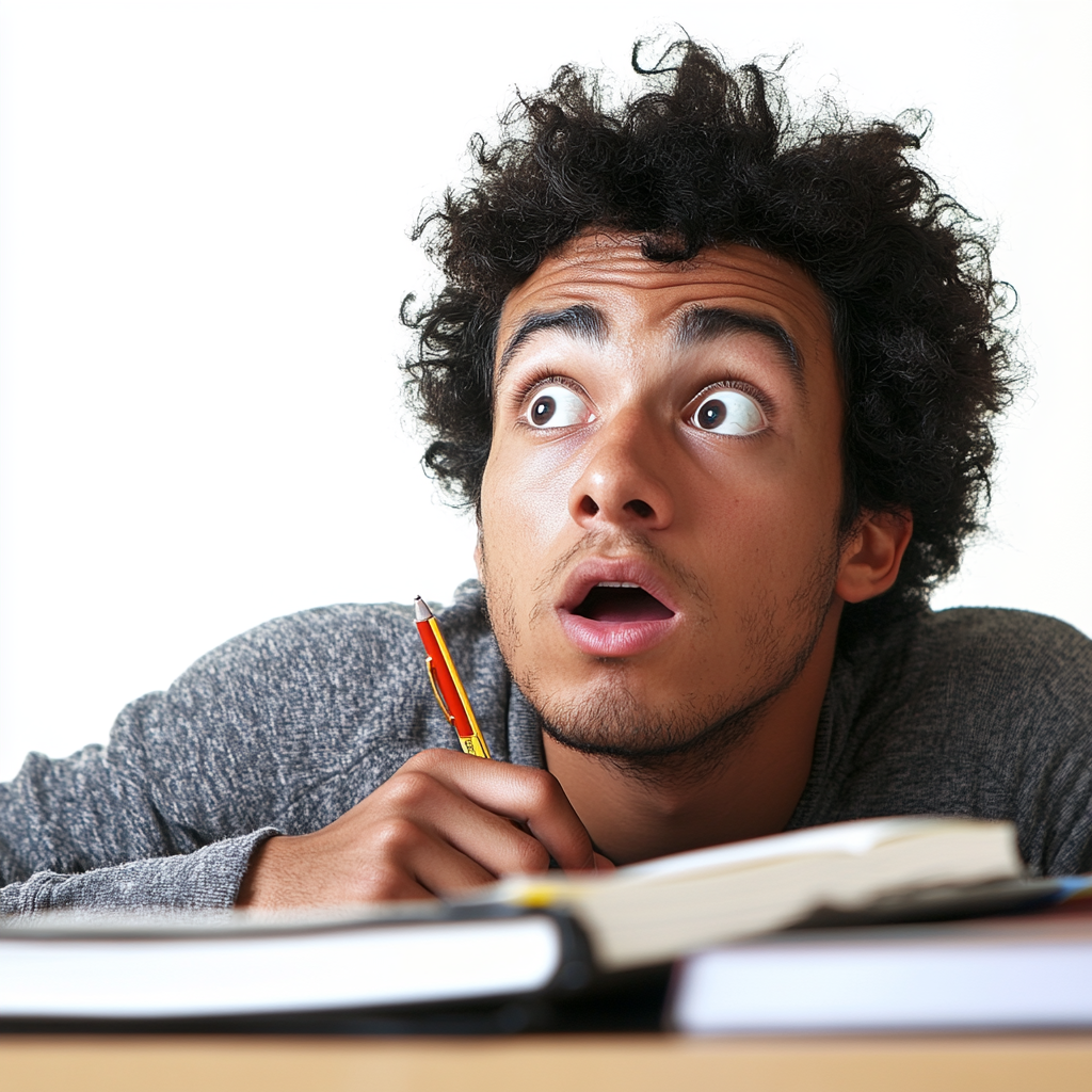 University student studying for exam looks dramatically surprised.