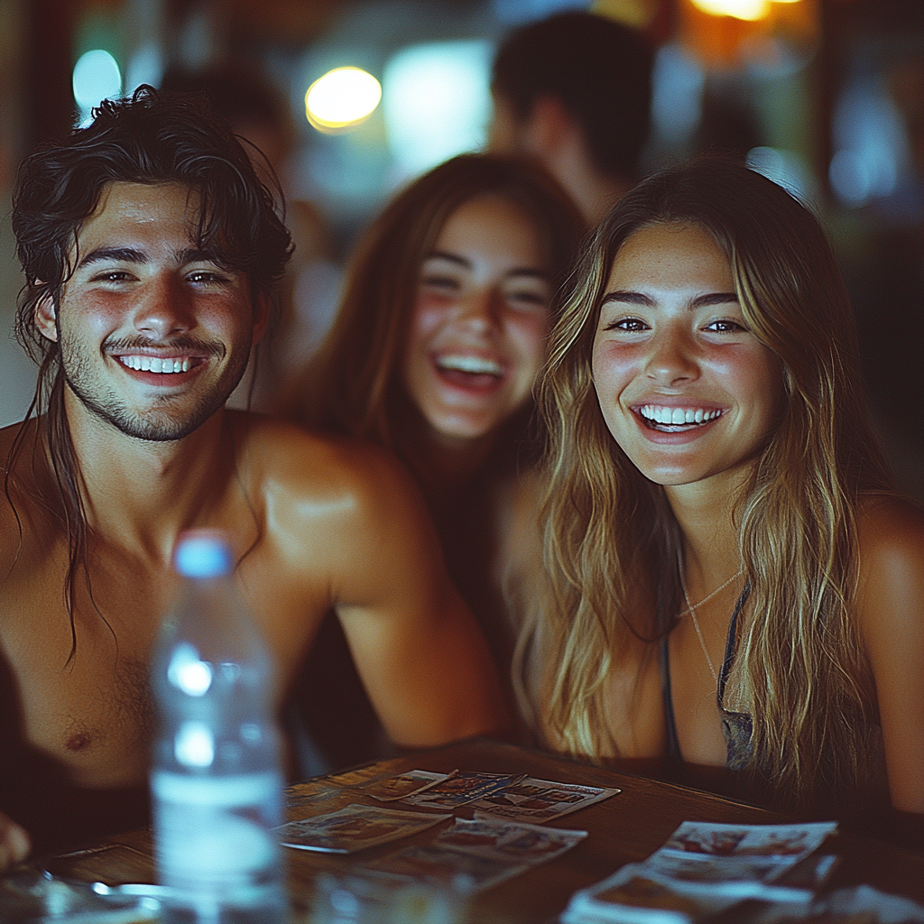 University students play truth or dare at table, laughing