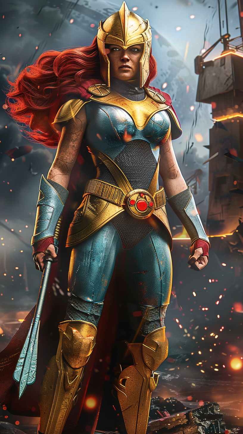 Unmasked Big Barda in blue and gold armor.