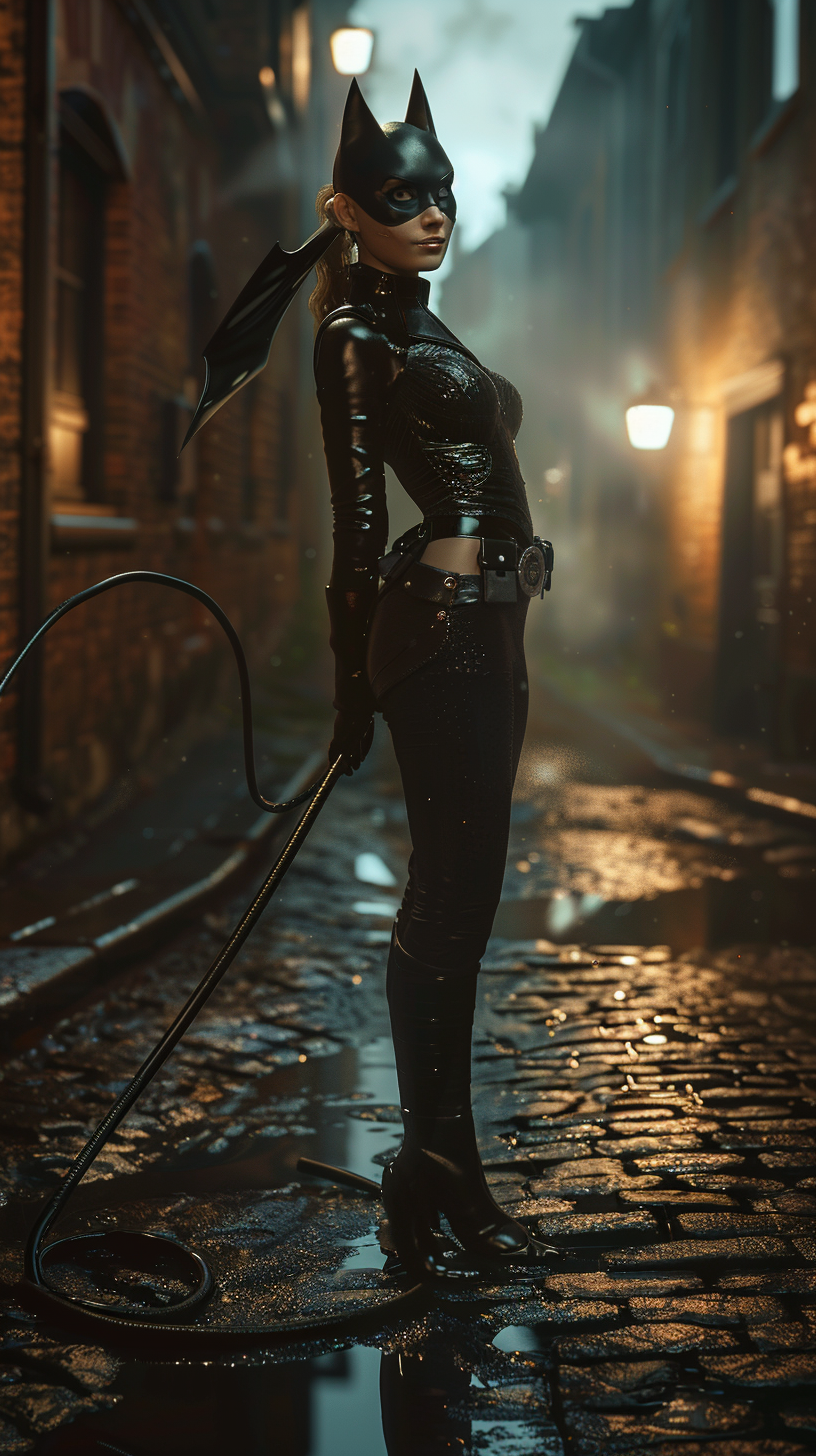 Unmasked Catwoman in dim alley with whip and confidence.