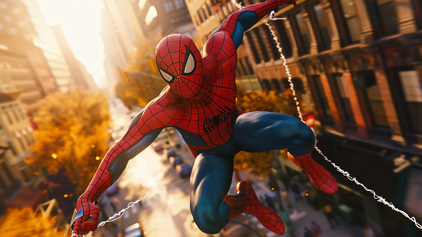 Unmasked Spiderman swinging through city streets, suit rippling. Lighting, action.