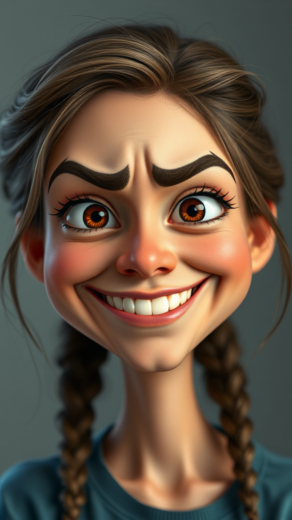 Unreal yet charming caricature of young woman, Pixar style.