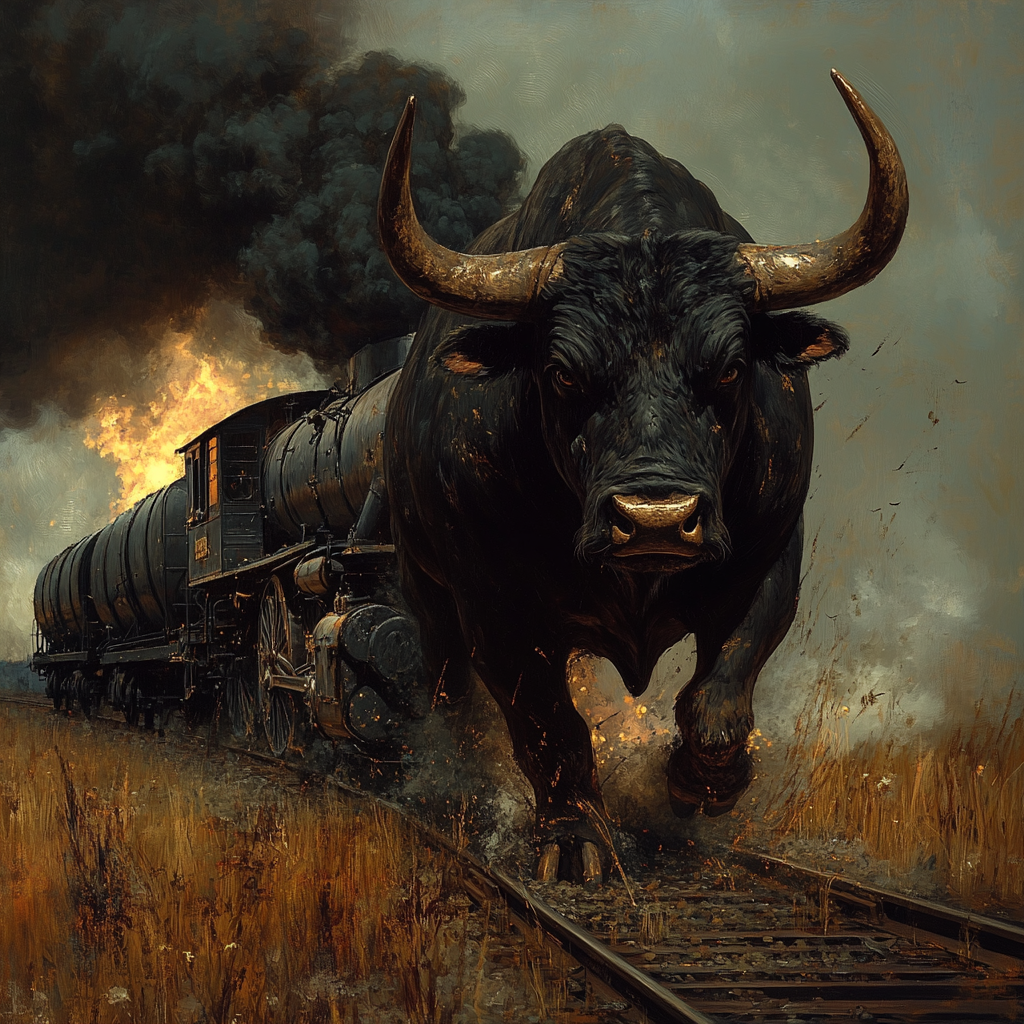 Unscathed black bull crushes train with strength.