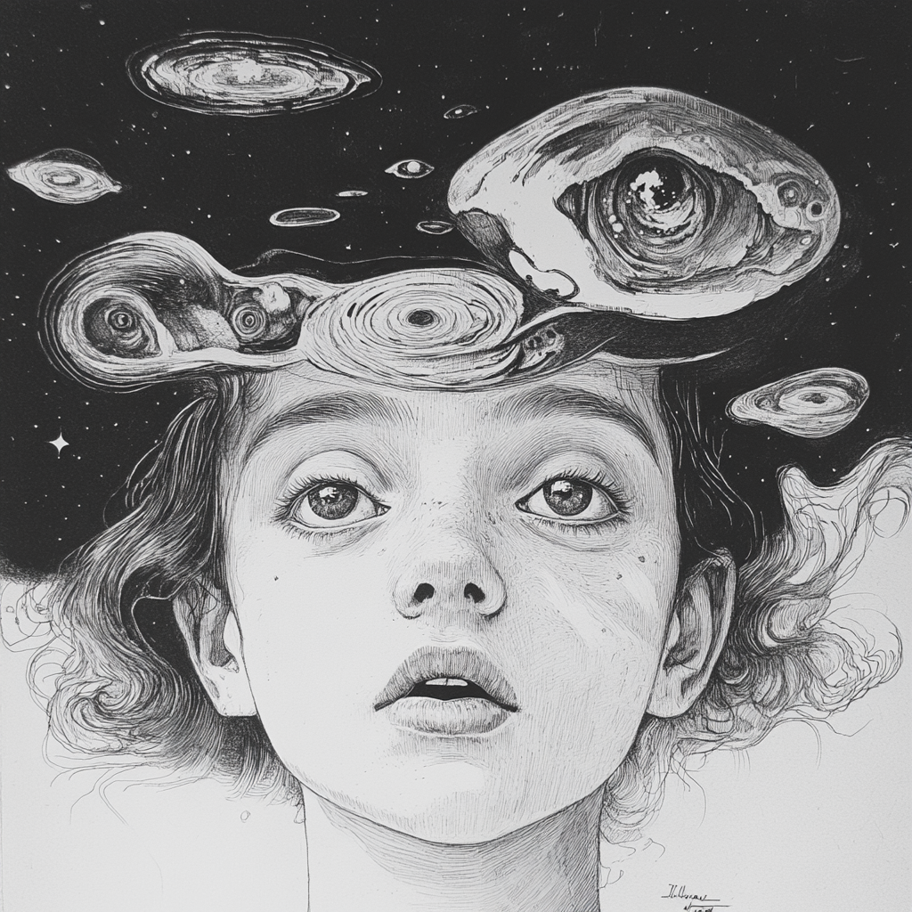 Unsettling girl with surreal thoughts in futuristic drawing.