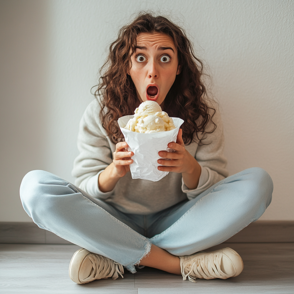 Upset woman eating ice cream quickly on floor.