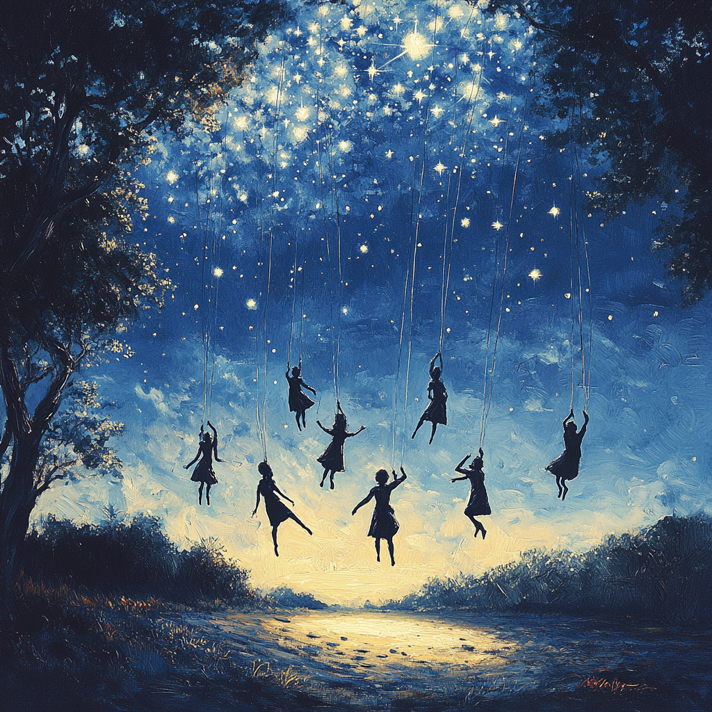 Upside-down human figures in starry sky, dreamlike state.