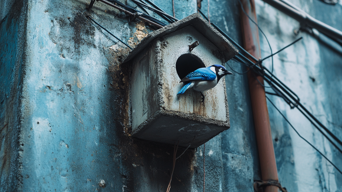 Urban alley birdhouse with Japanese metabolism architecture, blue jay, steel cables, fabric, Hasselblad lens