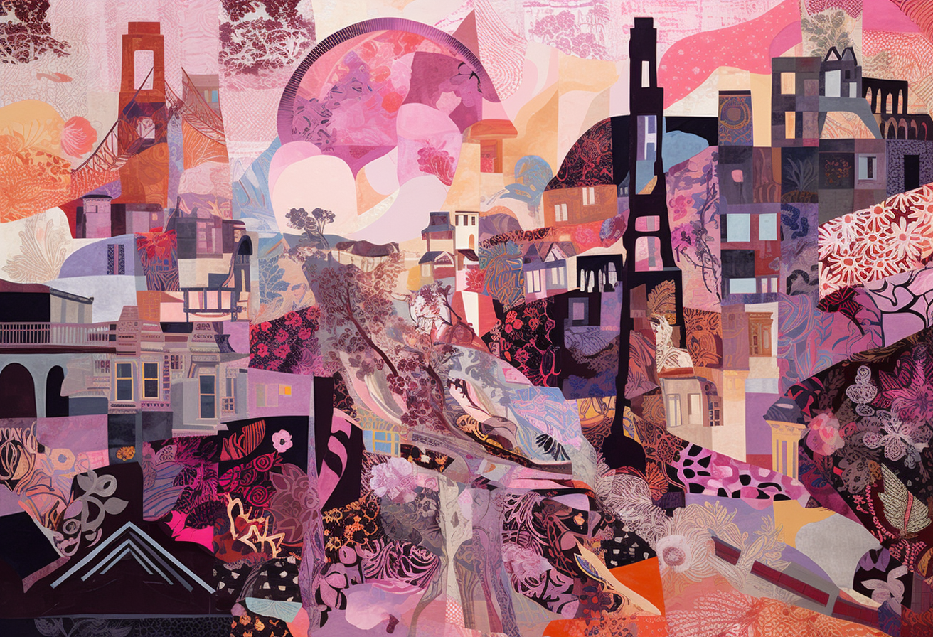 Urban life represented through colorful, dynamic collage art.