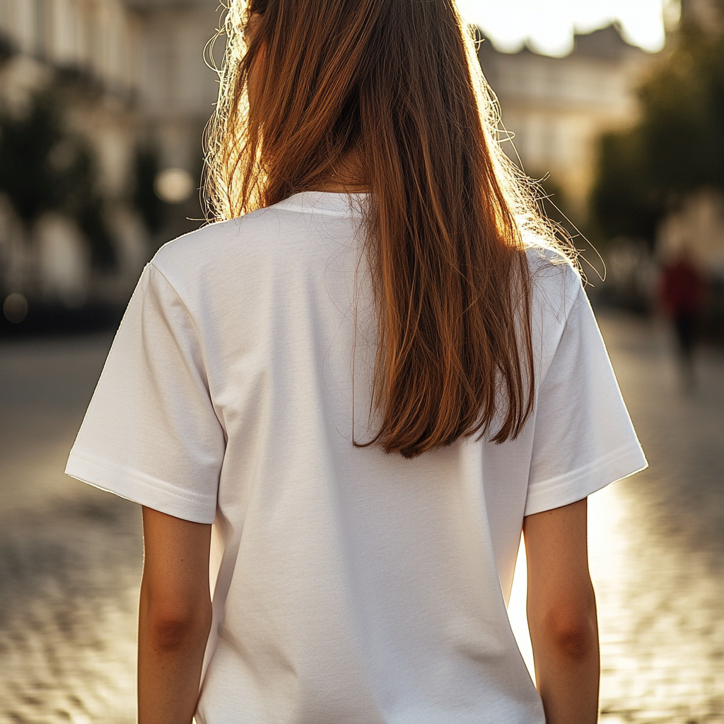 Urban setting, woman wearing white t-shirt, close-up shots.