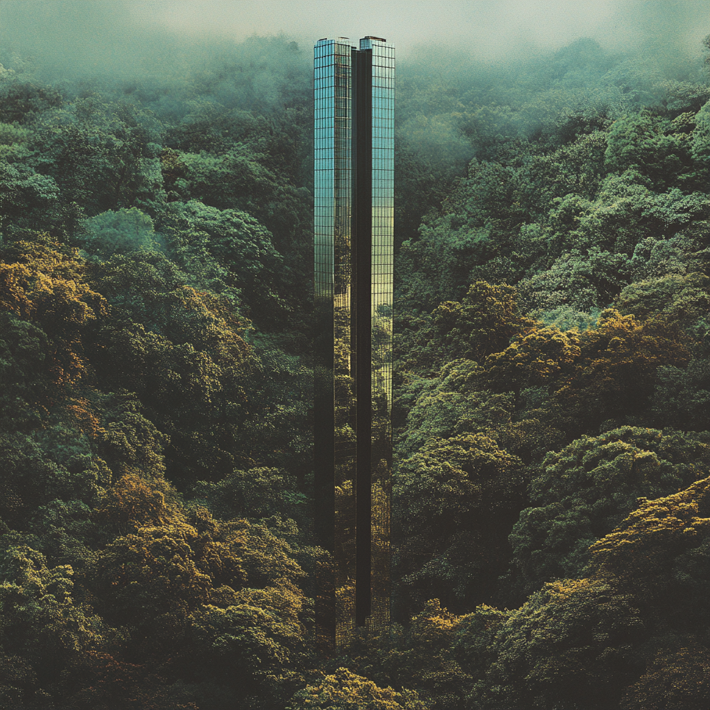 Urban skyscraper in forest with nature reflections.