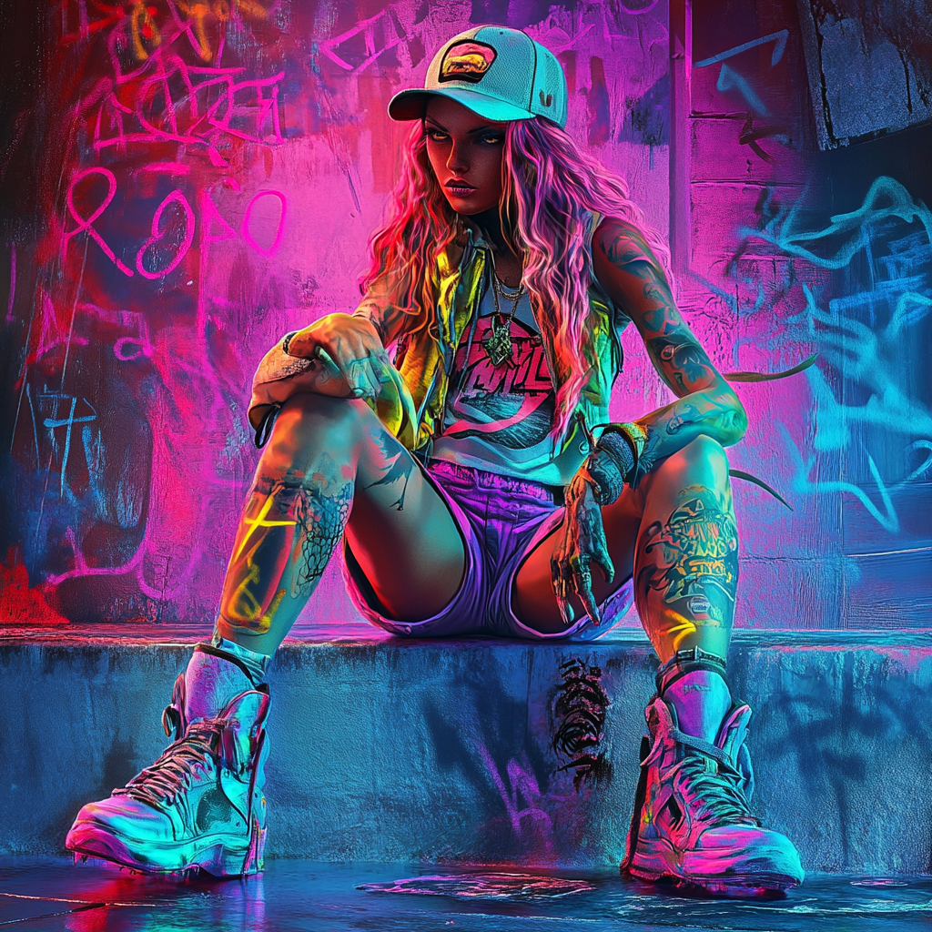 Urban sorceress in streetwear fashion with neon magic effects.